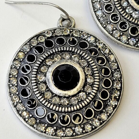 Silver and Black Oxidised Circular Drop Earrings - Picture 8 of 9